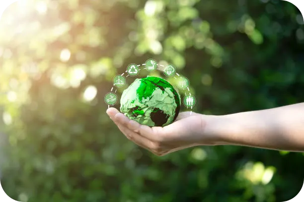 EcoIdeaz Global Green Directory A person's hand holding a small green globe with environmental icons floating around it, symbolizing our worldwide community of eco-friendly businesses.
